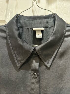 a new day BLACK Collared Button-Up Satin Silky Shirt